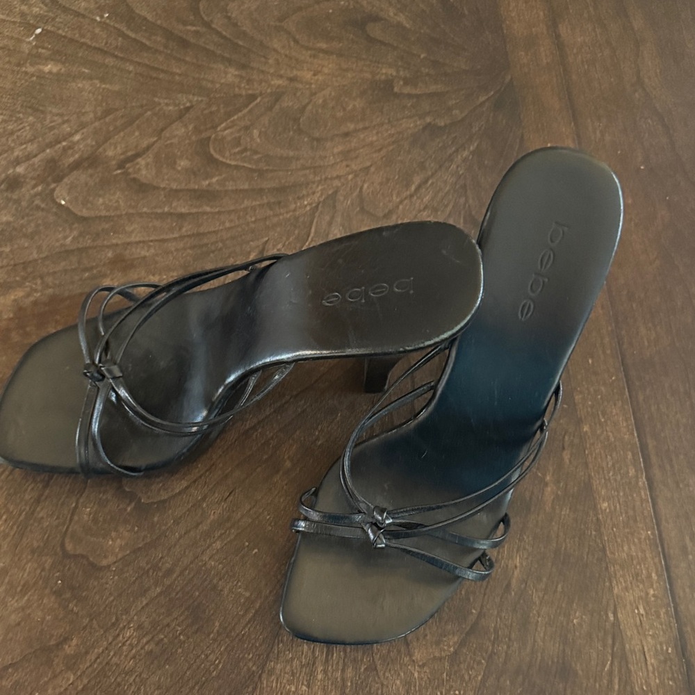 bebe Black Strappy Square-Toe Mule Heels